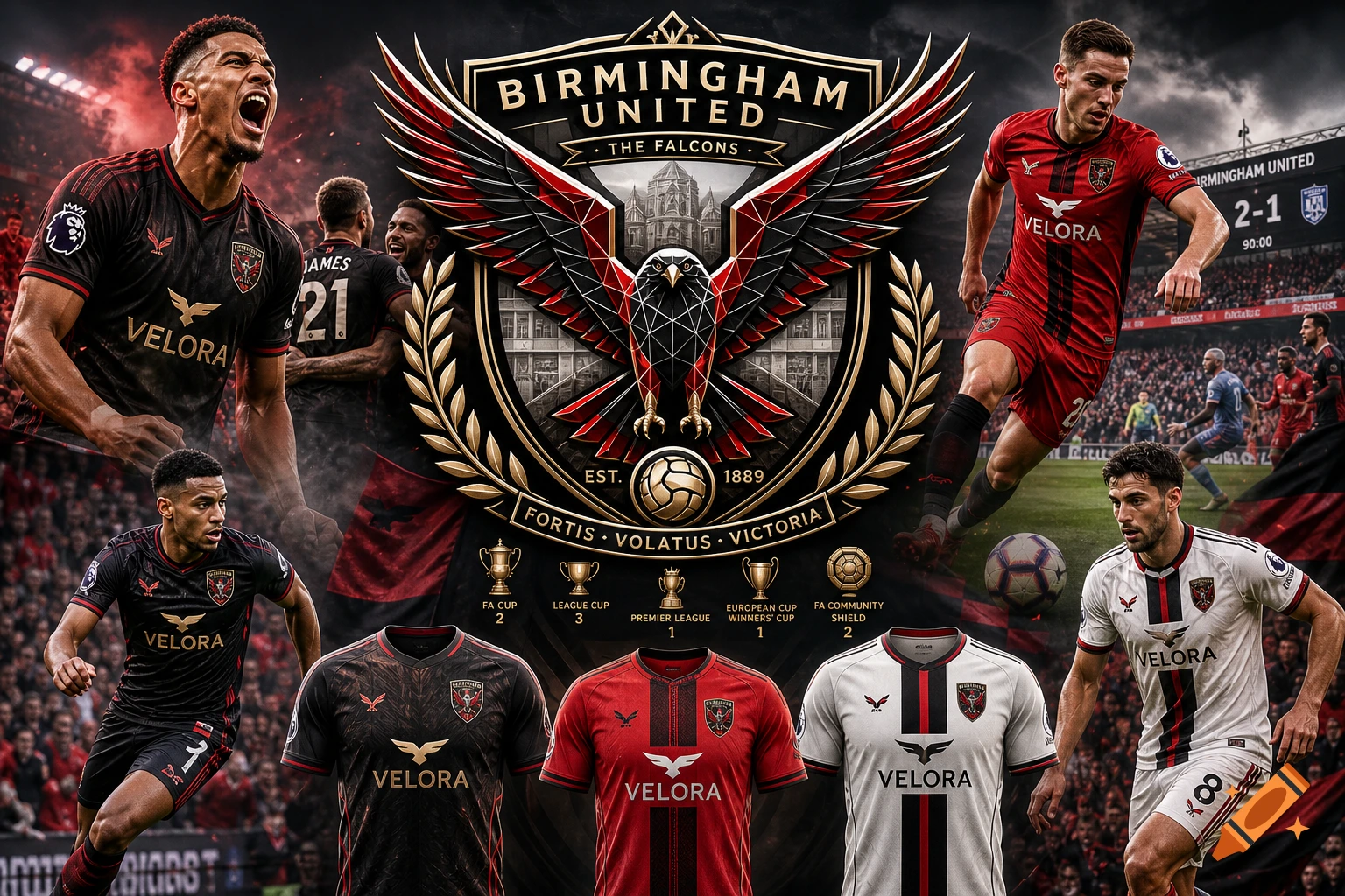 A collage of a fictional football club, Birmingham United "The Falcons," featuring their detailed crest, players in black, red, and white kits, and a scoreboard showing "2-1."