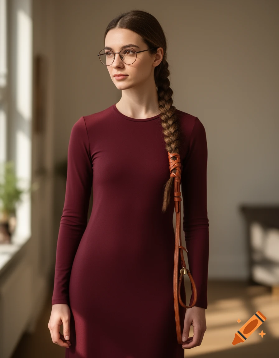 Photorealistic portrait of a young woman with a long brown braid, glasses, and a maroon dress, with a leather strap woven into her hair.