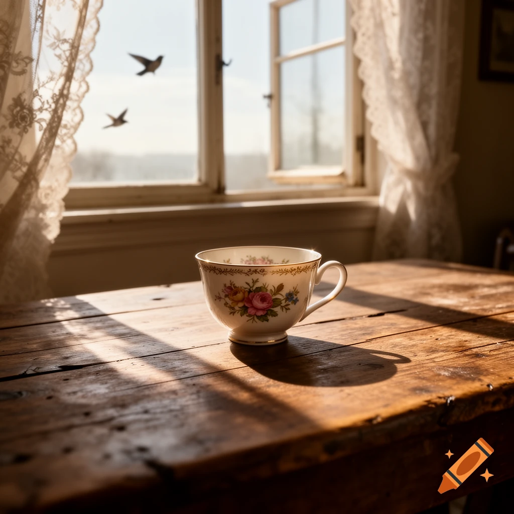 A floral teacup on a sunlit wooden table by an open window, with two birds flying outside.