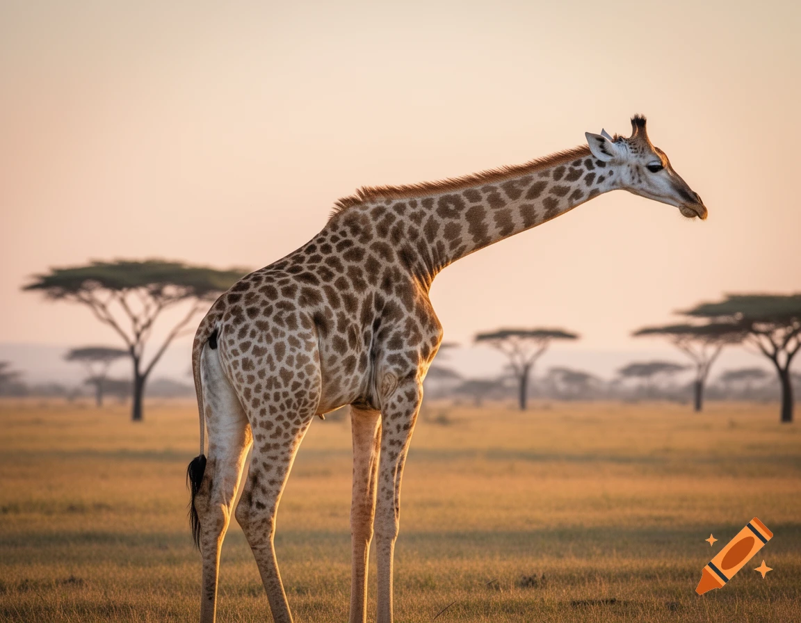 A tall giraffe stands in a golden savanna at sunset, with acacia trees in the background.
