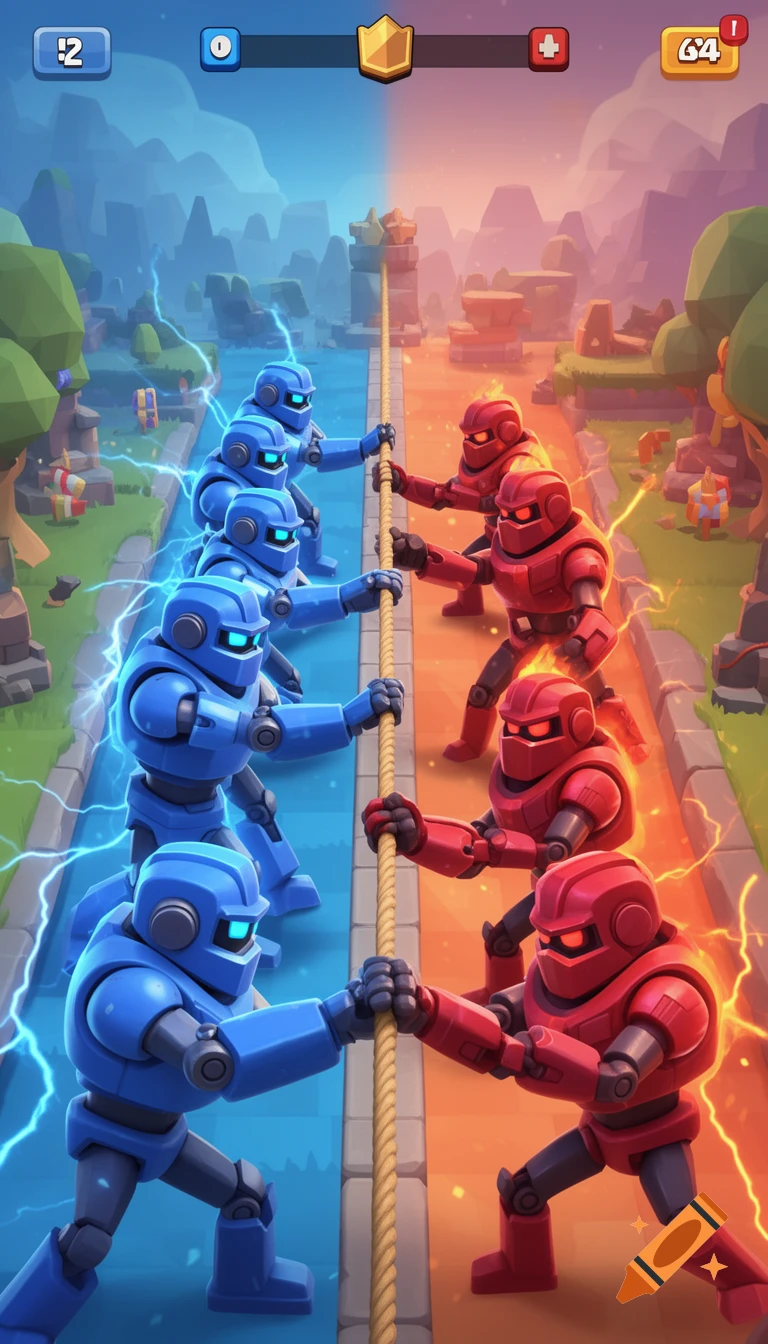 Stylized mobile game art featuring blue and red robot teams in a tug-of-war on a divided battlefield, with UI elements.