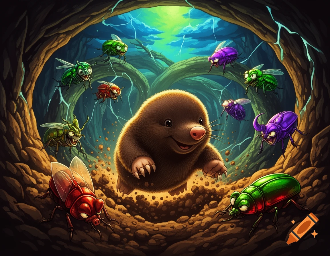 A friendly brown cartoon mole floats in a dirt burrow, surrounded by menacing red, green, and purple borer beetles, in a vibrant game art style.