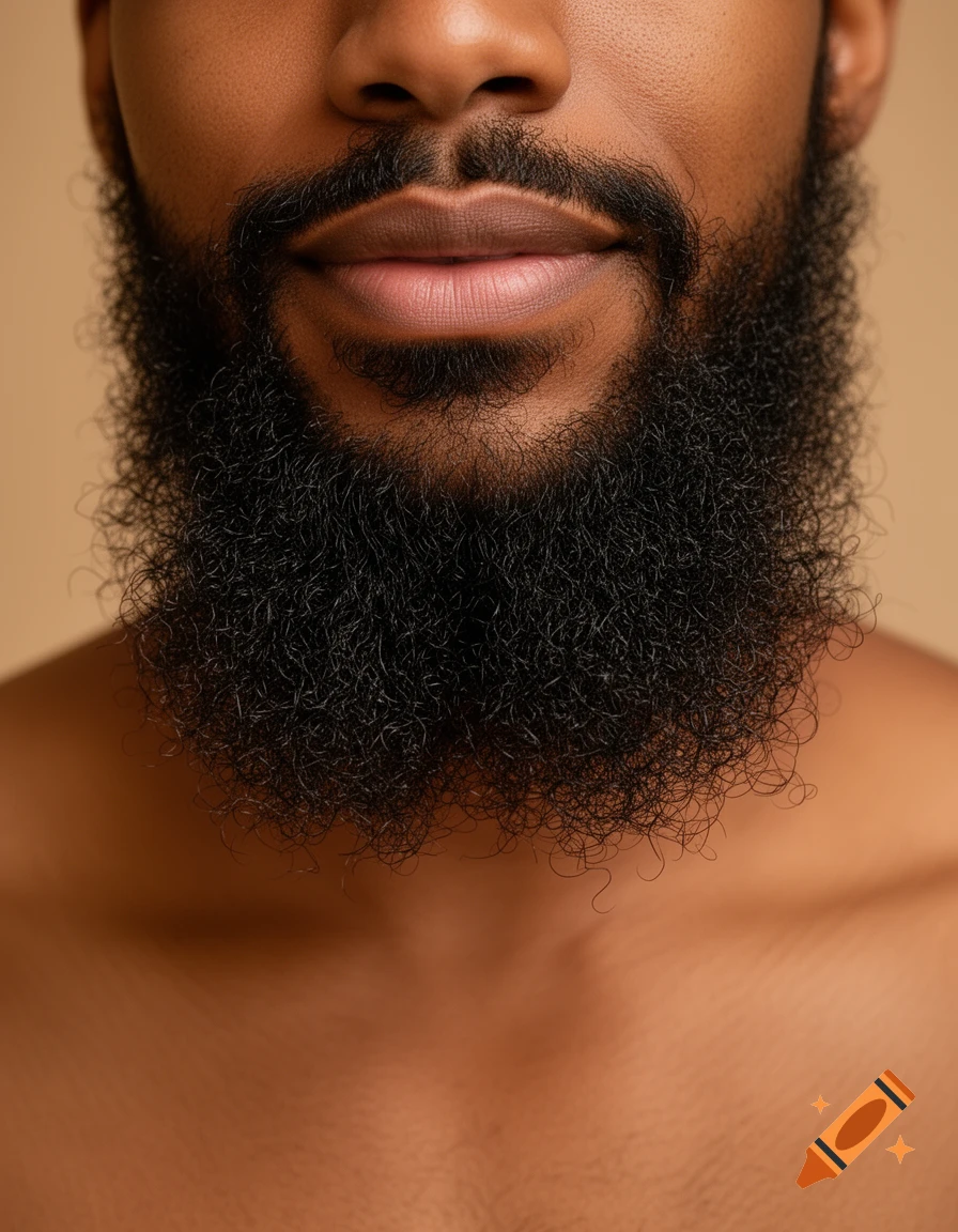 Close-up portrait of a dark-skinned man from the nose down, featuring his mouth, slight smile, and a full, dark, curly beard with some chest visible below.