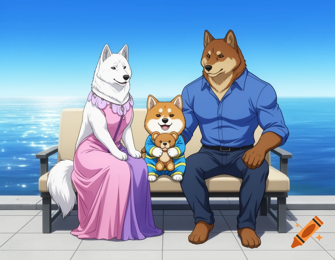 Anime anthropomorphic dog family: white mother, brown father, and puppy with a teddy bear, sitting on a bench by the ocean.