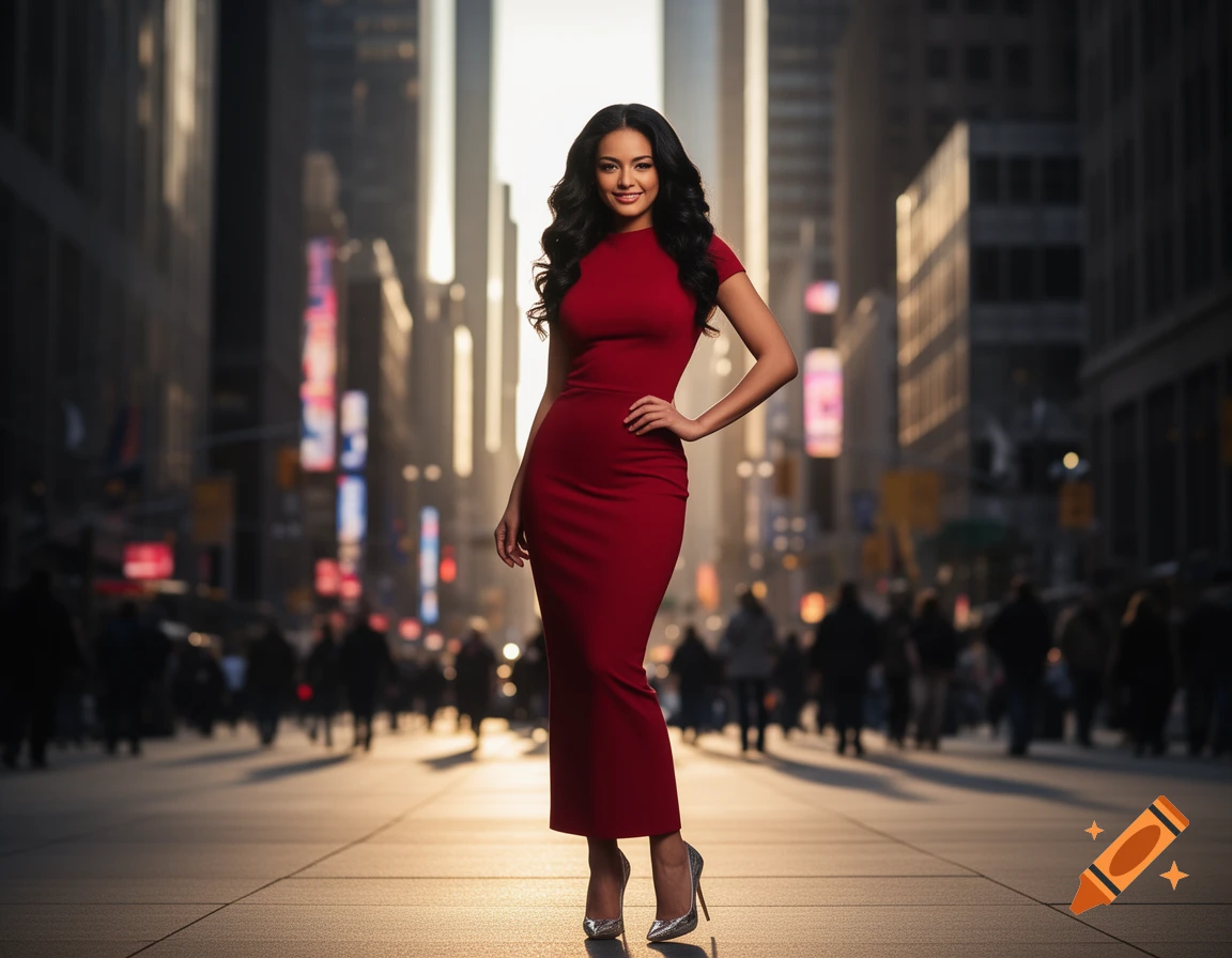 A smiling woman in a long red dress and high heels poses on a city street with blurred buildings in the background.