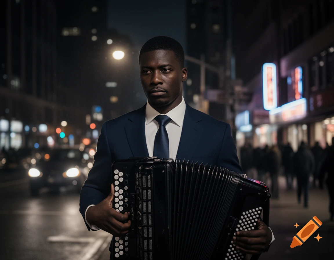 A pensive Black man in a dark suit holds an accordion on a city street at night, with blurred lights in the background.