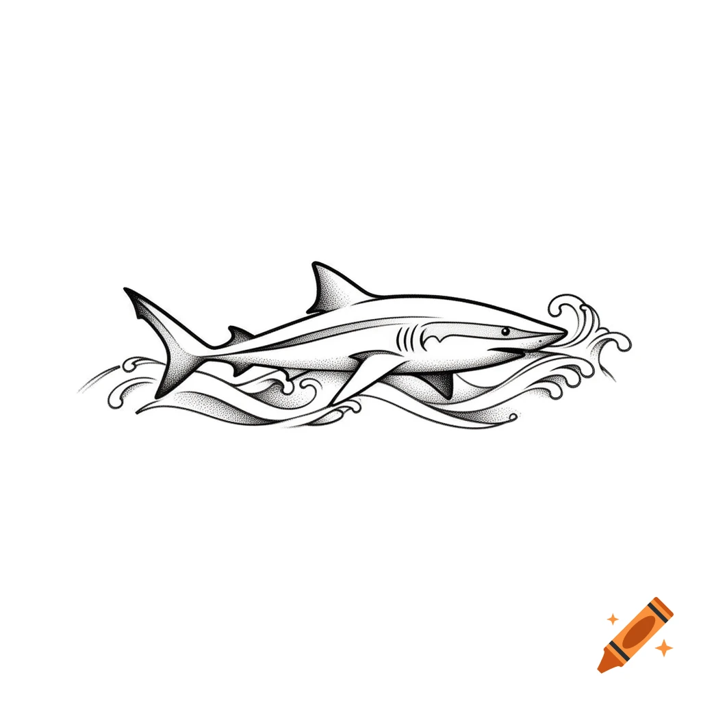 A stylized black and white illustration of a shark swimming through wavy water, featuring stipple shading.