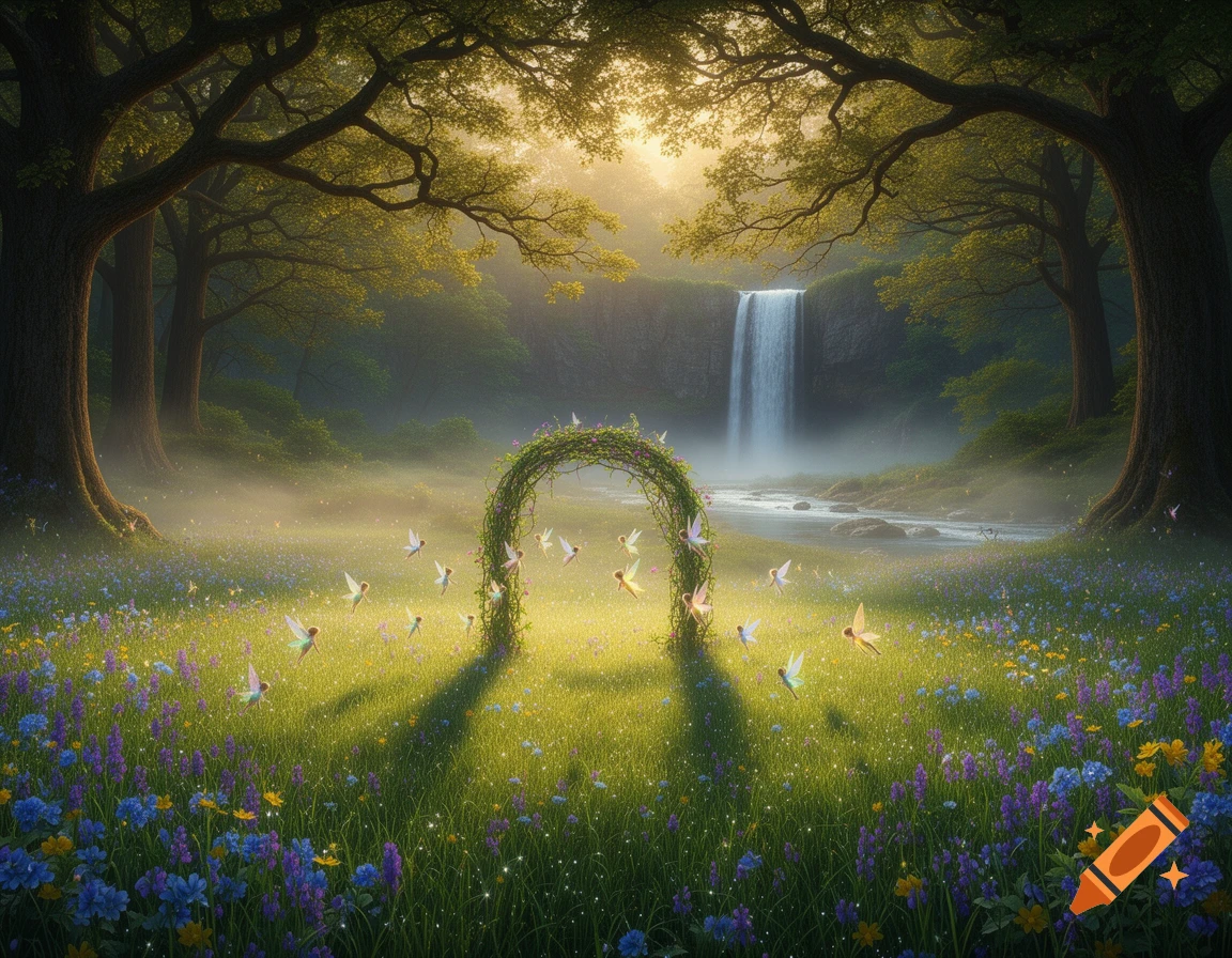 Photorealistic fantasy landscape with a misty forest, a waterfall, a floral archway, and flying fairies in a sunlit meadow.