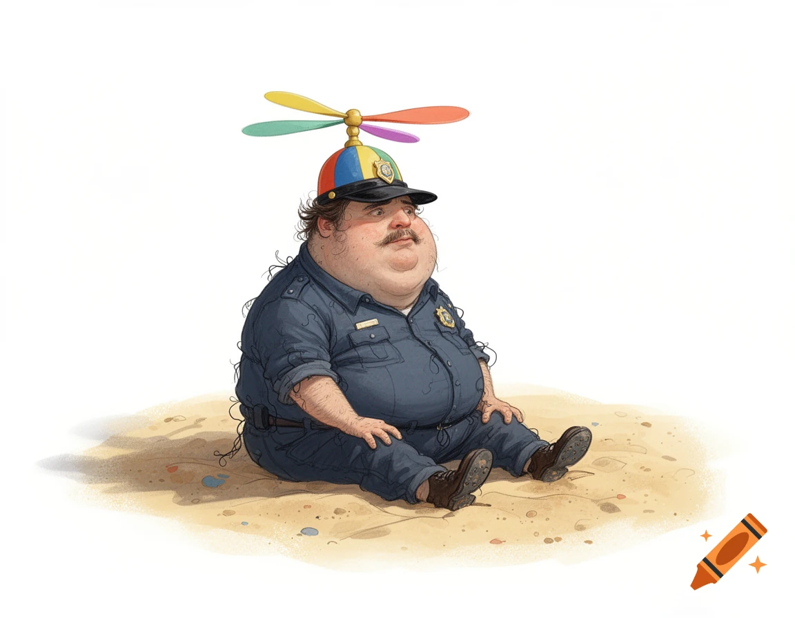 A cartoon of a portly, unkempt police officer with a propeller hat sitting in a sandbox on a white background.