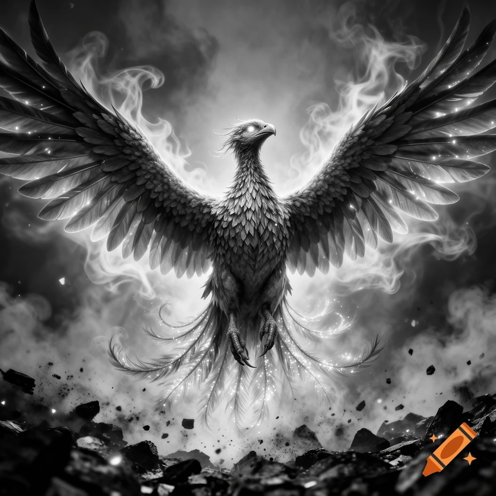 A dramatic black and white image of a phoenix rising from smoky debris, wings spread wide, with glowing eyes and intricate feather details.
