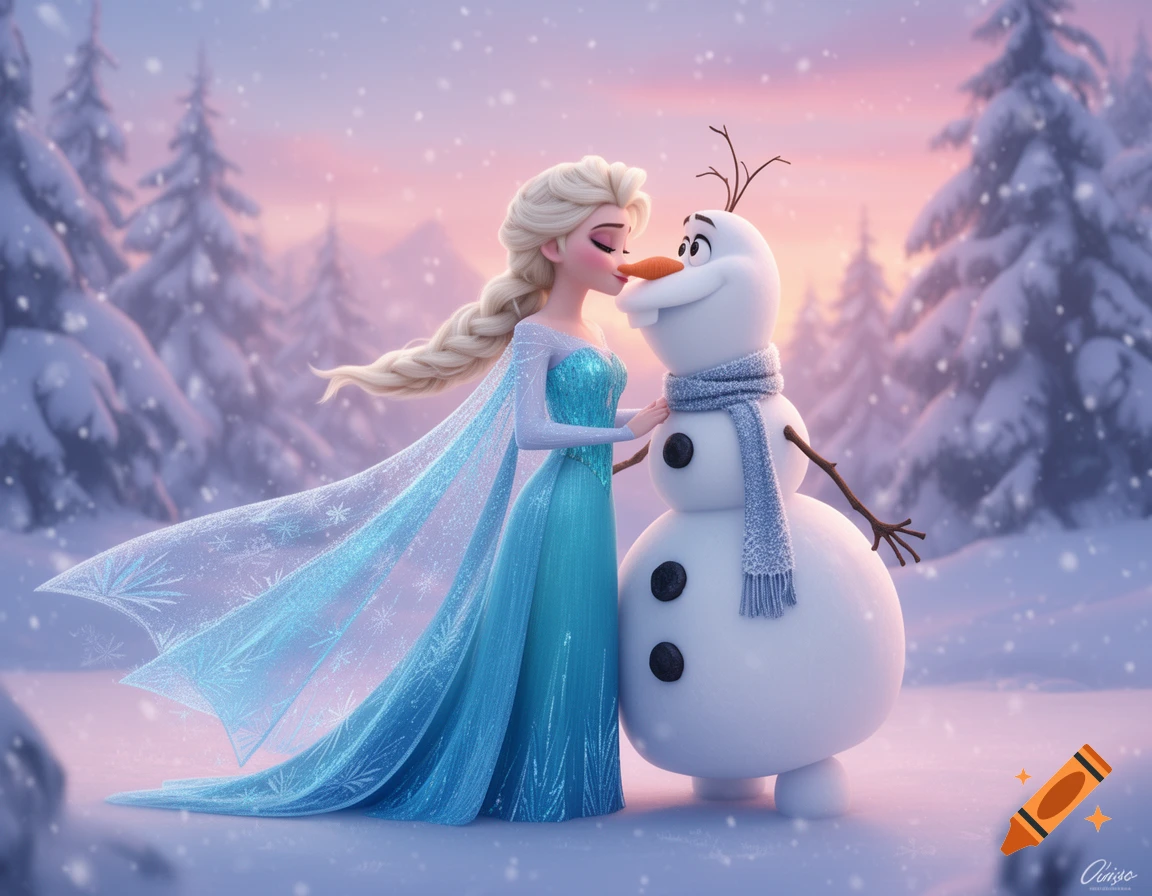 Elsa in a shimmering blue dress leans in to kiss Olaf the snowman on the nose in a snowy winter landscape at sunset.
