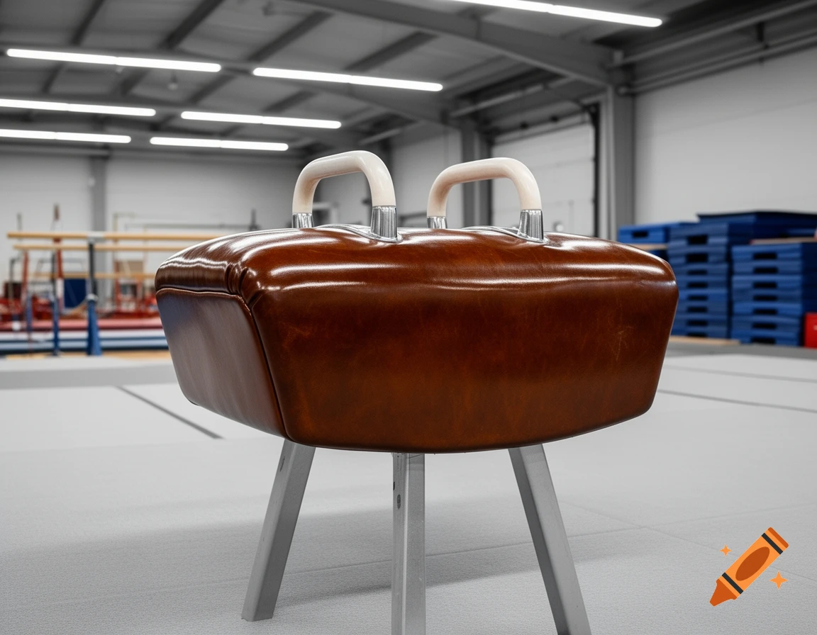 A shiny brown leather pommel horse with white handles stands in a brightly lit gymnasium.