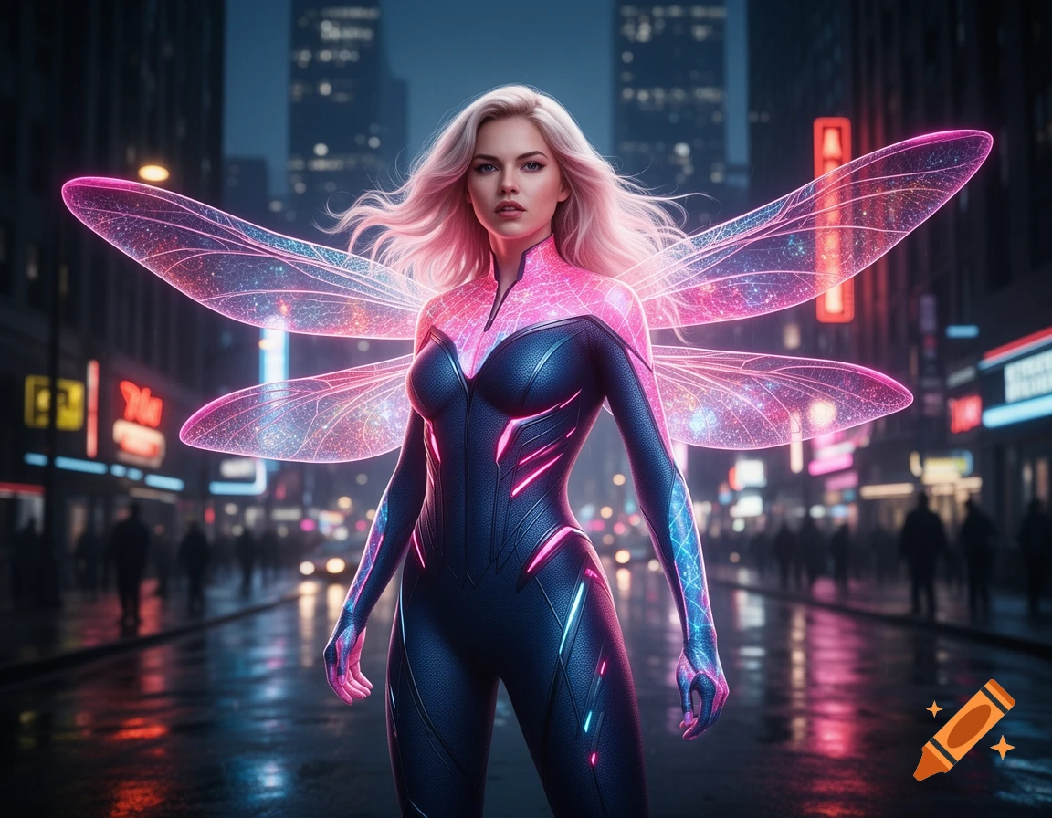 A woman with blonde hair and glowing pink dragonfly wings in a black and pink suit stands on a wet city street at night.