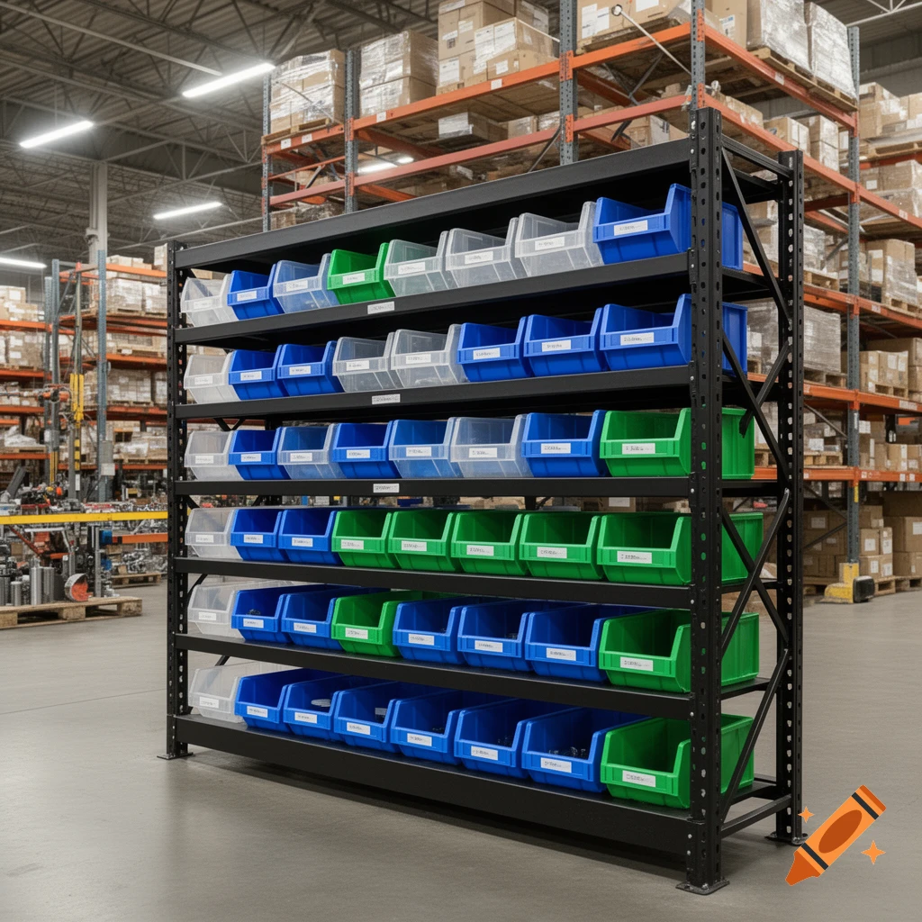 A black storage rack filled with rows of blue, green, and clear plastic bins in a warehouse.