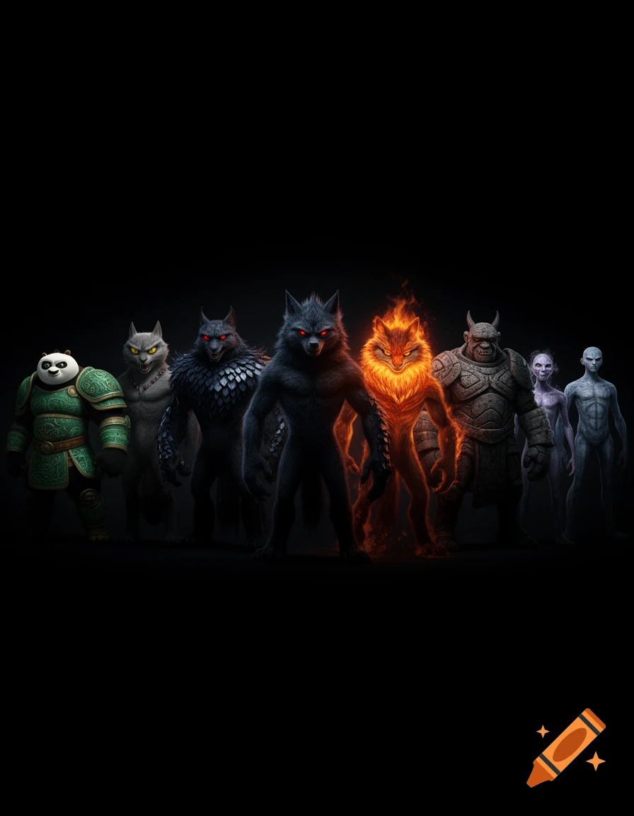 A cinematic, dark lineup of various fantasy villains, including a panda, wolves, and monsters, with glowing eyes against a black background.