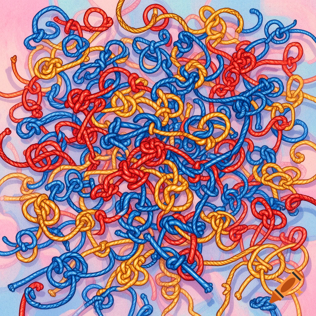 A vibrant, cartoonish illustration of a tangled pile of red, blue, and yellow ropes forming numerous knots.