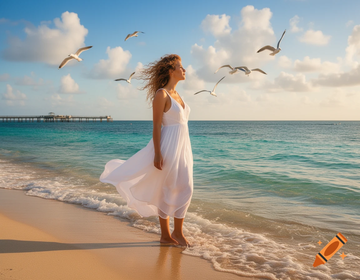 A woman in a white dress stands barefoot on a sandy beach, gazing at the ocean with seagulls flying under a blue sky.