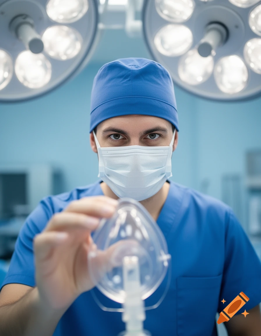 Photorealistic POV of an anesthesiologist in blue scrubs, mask, and cap, holding an anesthesia mask with intense eyes in an operating room.