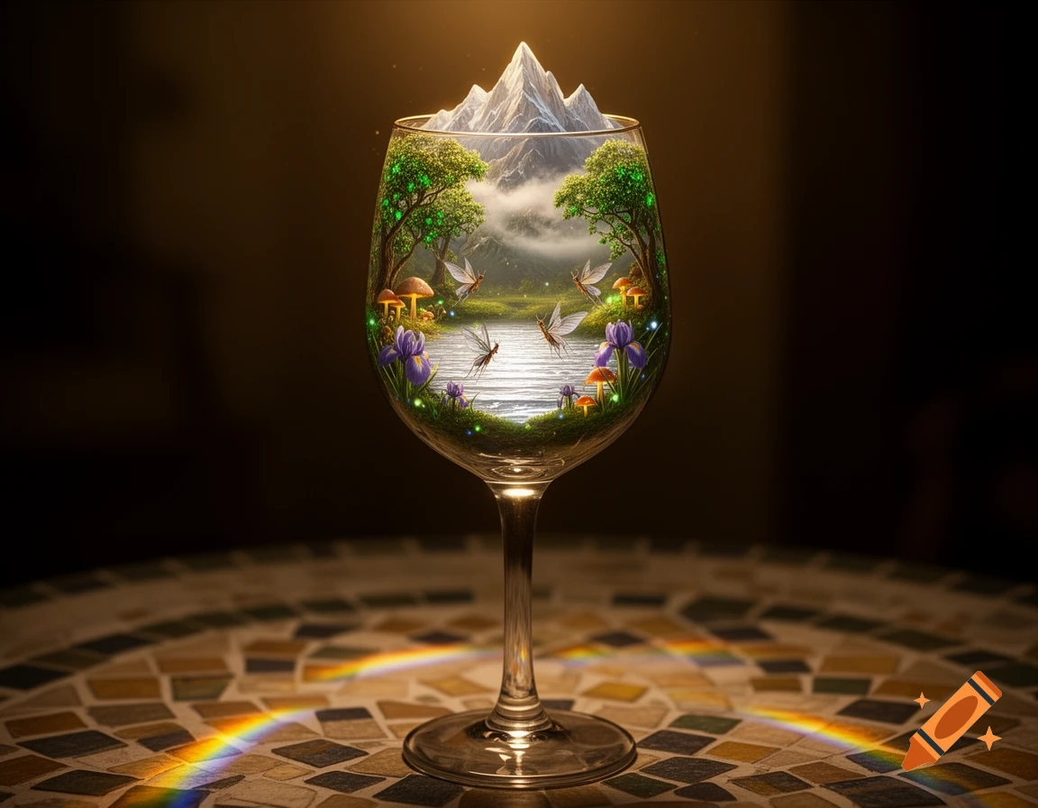 A detailed magical fantasy landscape with mountains, trees, a lake, and glowing creatures encased within a wine glass, resting on a mosaic table with a rainbow reflection.