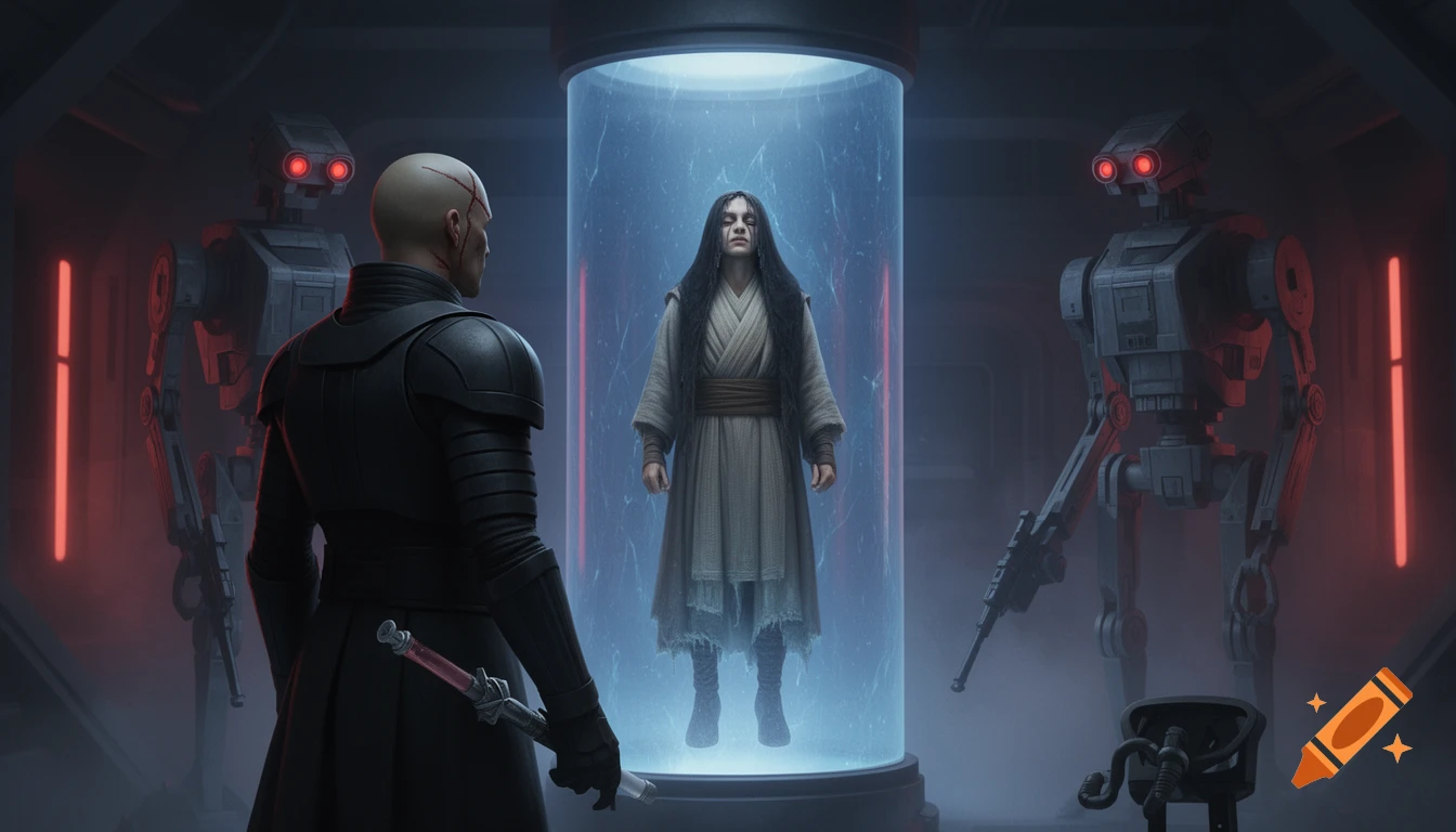 A bald Imperial Inquisitor faces a person suspended in a glowing blue stasis chamber, flanked by two droids with red eyes, in a dark sci-fi room.