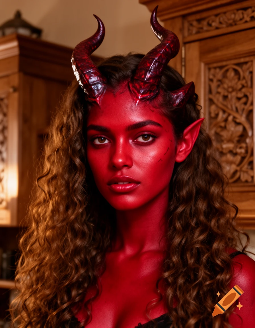 Photorealistic portrait of a young woman with red skin, dark curled horns, and long brown curly hair.
