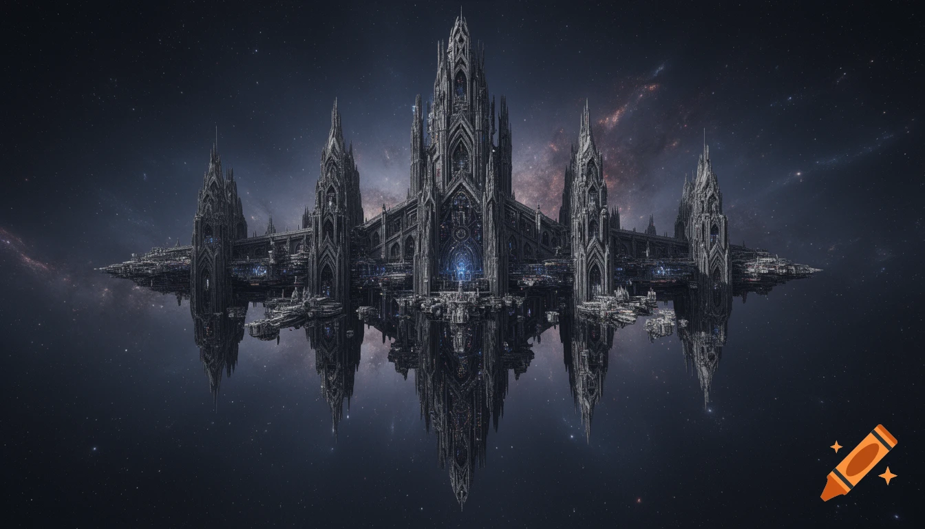 A massive, intricate gothic-style space fortress floats in dark space, surrounded by stars and nebulae.