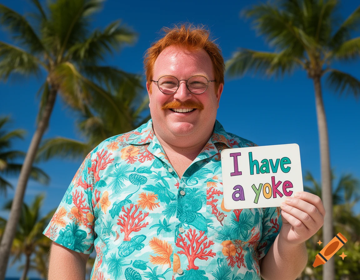 A smiling man with red hair, glasses, and a mustache in a Hawaiian shirt holds a sign reading 'I have a yoke' against a tropical background.