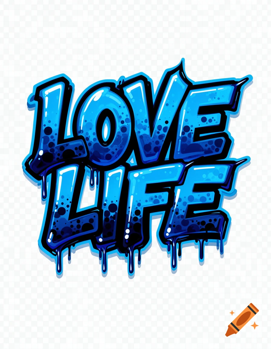 Blue and black graffiti art spelling 'LOVE LIFE' with drips, highlights, and a thick 3D shadow on a transparent background.