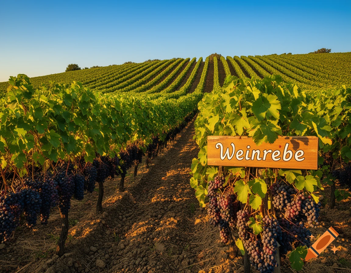 Photorealistic vineyard with ripe purple grapes and a wooden sign reading 'Weinrebe' under a clear blue sky.