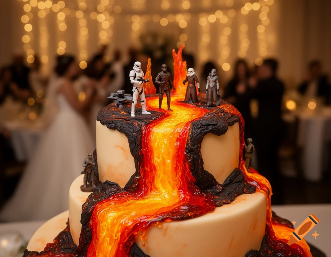 Photorealistic Star Wars lava-themed wedding cake with character figures, set against a blurry reception.