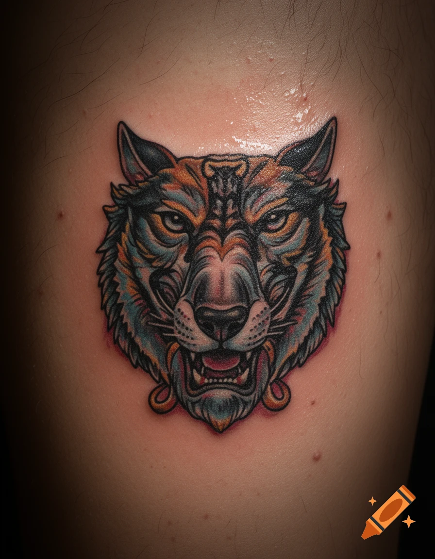 Colorful wolf head tattoo with intricate details on skin.