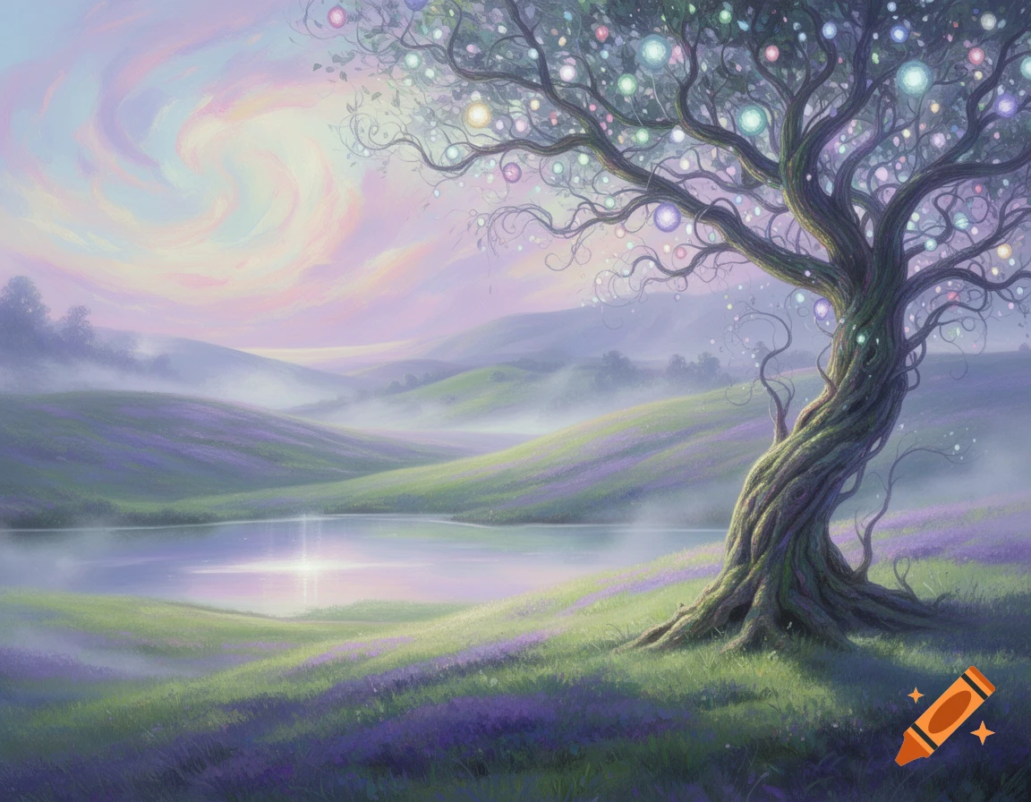 A dreamlike fantasy landscape featuring a gnarled tree adorned with glowing orbs, beside a tranquil lake and misty hills under a pastel sky.