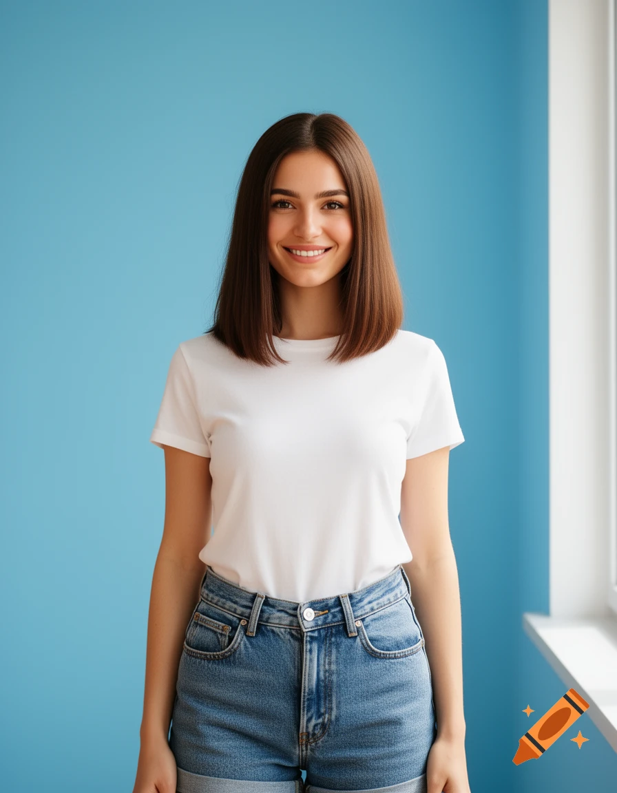 A smiling brunette woman with shoulder-length hair stands in a white t-shirt and jean shorts against a blue wall.