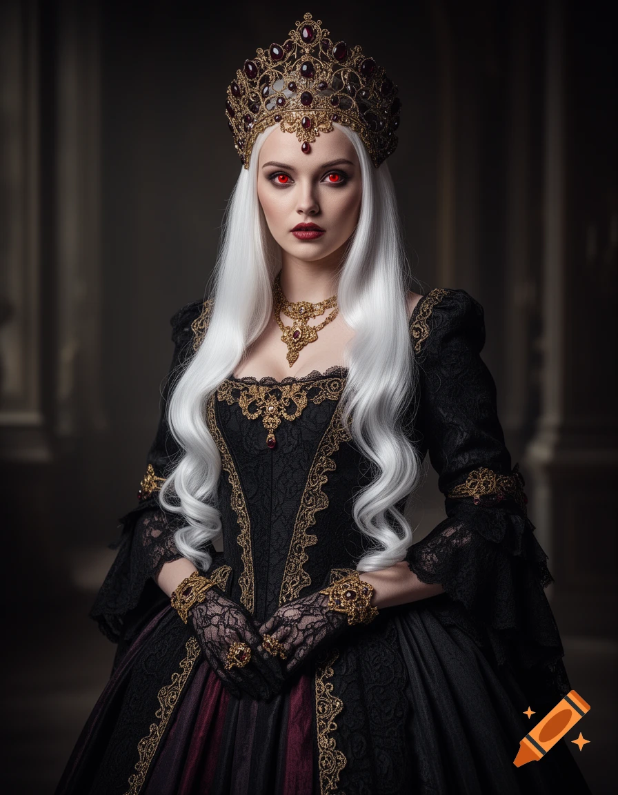 Photorealistic portrait of a female vampire with long white hair, red eyes, wearing a black and gold historical dress and a crown.