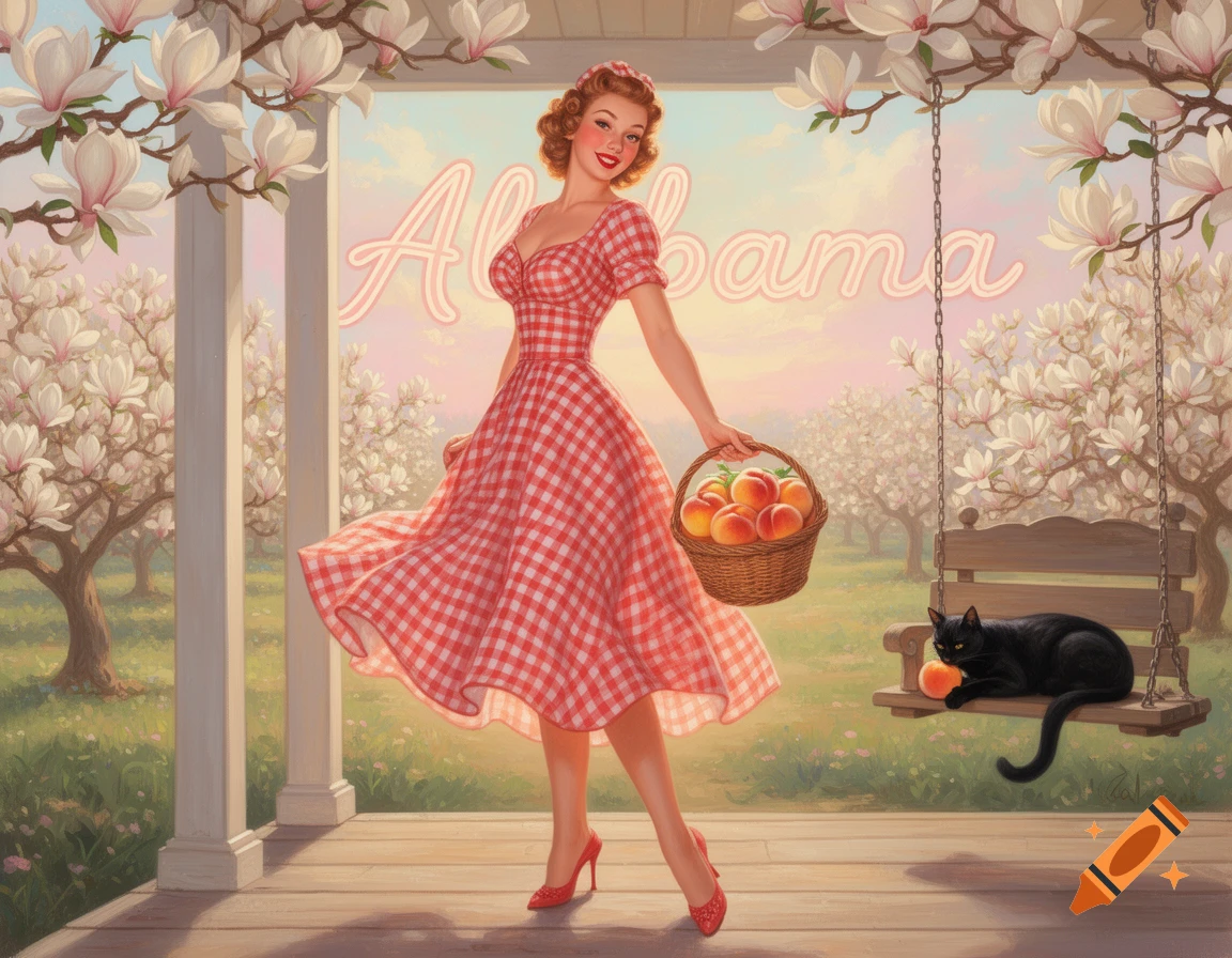 A playful pinup girl in red gingham holds peaches on a Southern porch with magnolias, a black cat on a swing, in Gil Elvgren style.