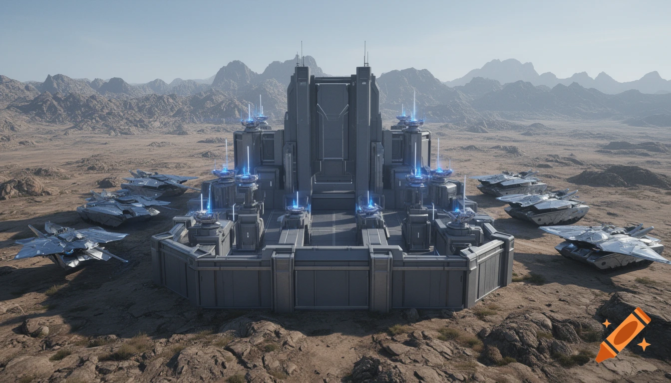 A futuristic military base with plasma laser guns and fighter jets in a barren, rocky desert landscape.