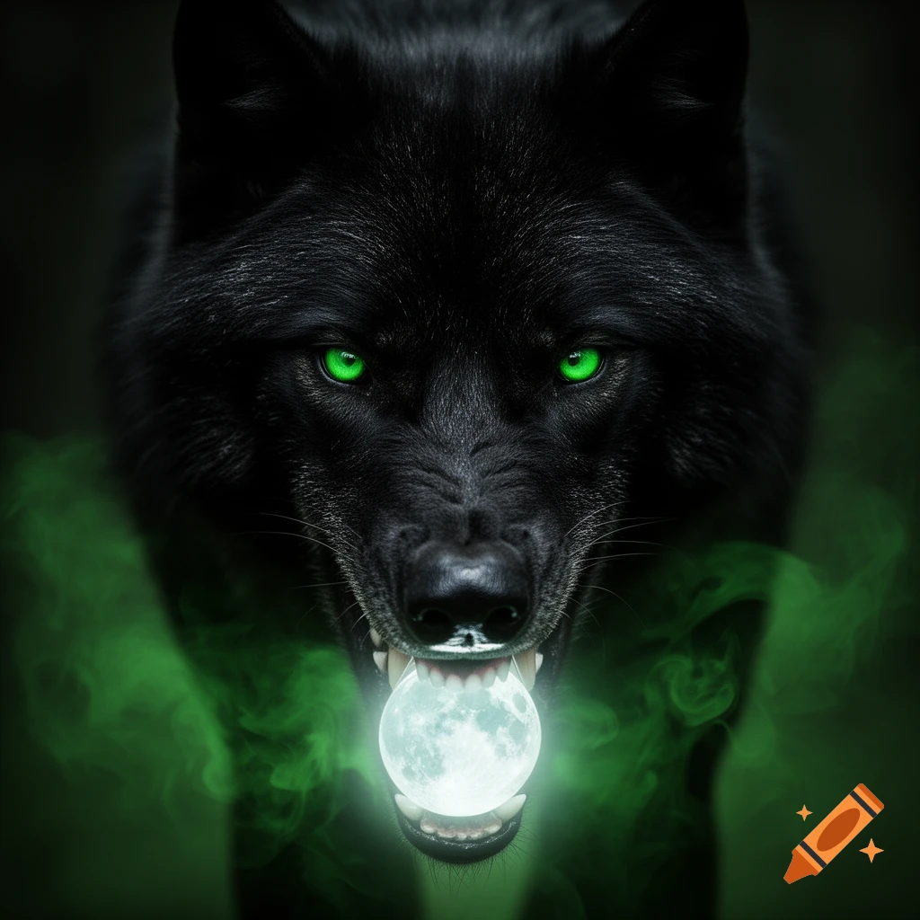 A photorealistic black wolf with glowing green eyes snarls, holding a bright glowing full moon in its mouth, surrounded by green smoke.