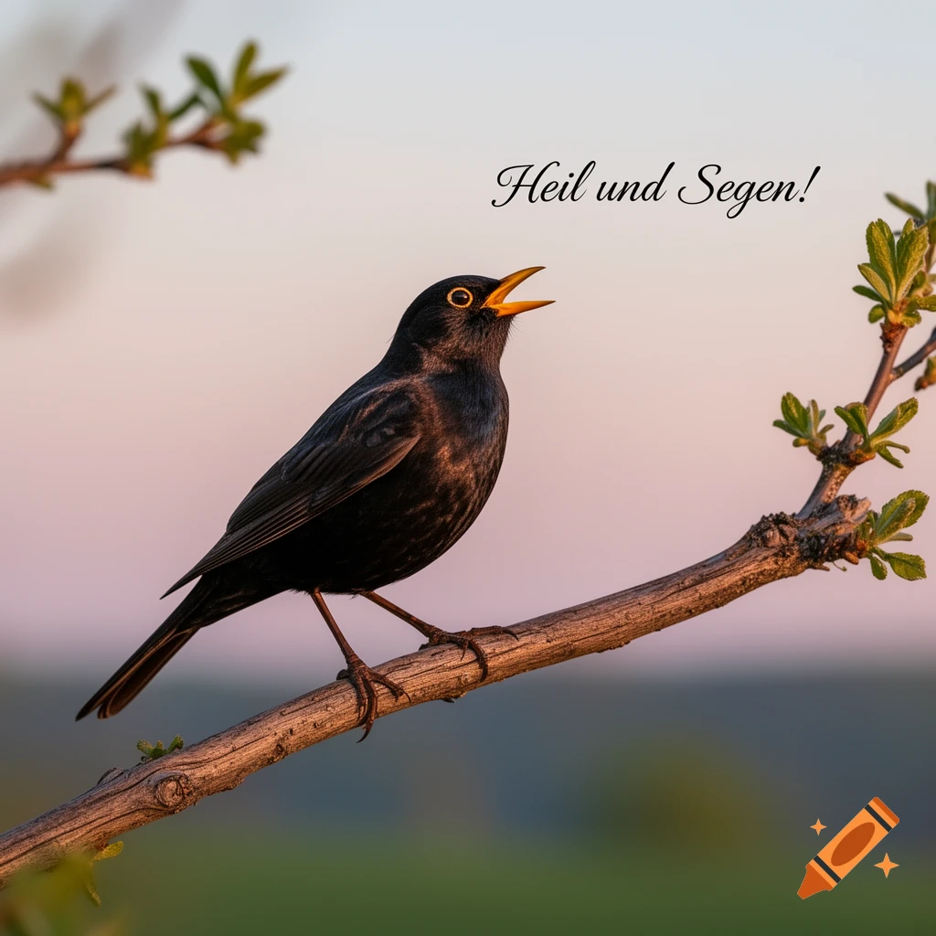 A photorealistic blackbird with an open beak sits on a tree branch, with the text 'Heil und Segen!' against a pastel sunset sky.