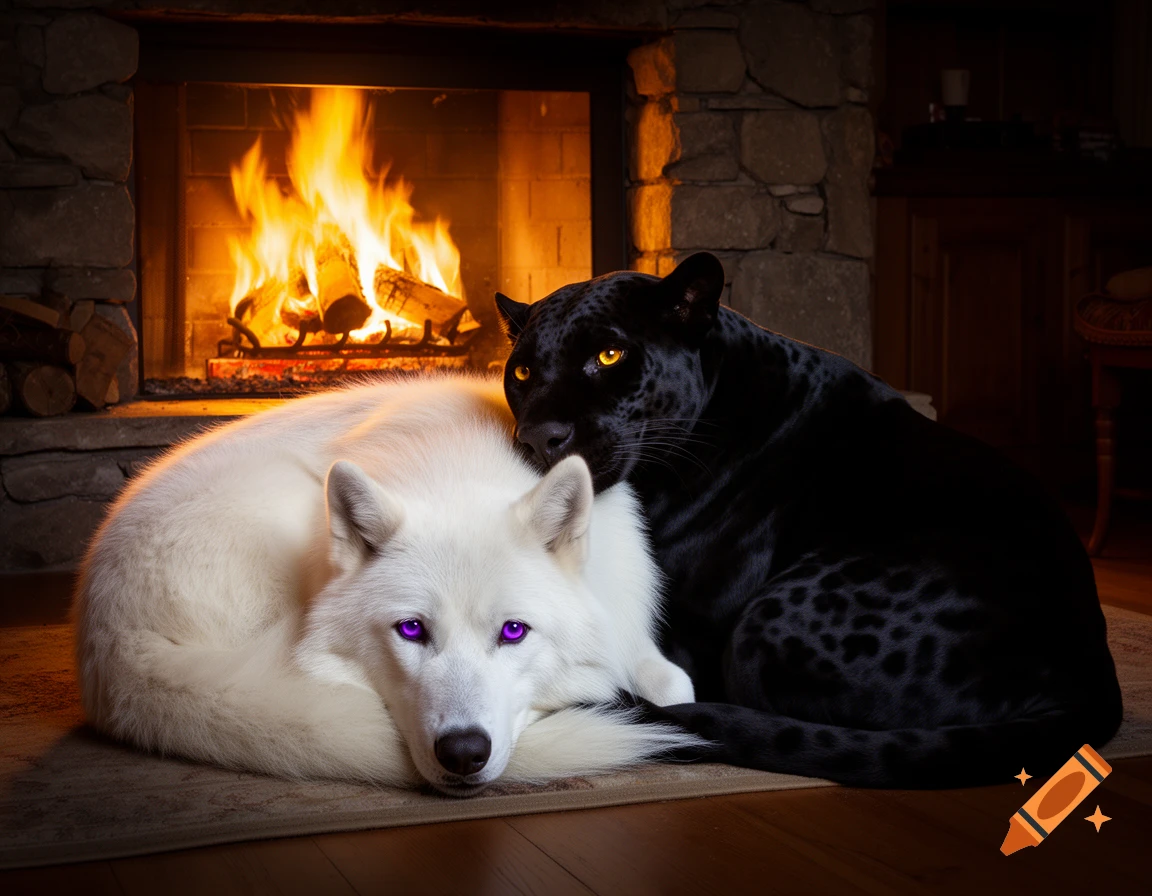 A white wolf with purple eyes and a black panther with golden eyes cuddle on a rug in front of a stone fireplace with a roaring fire.