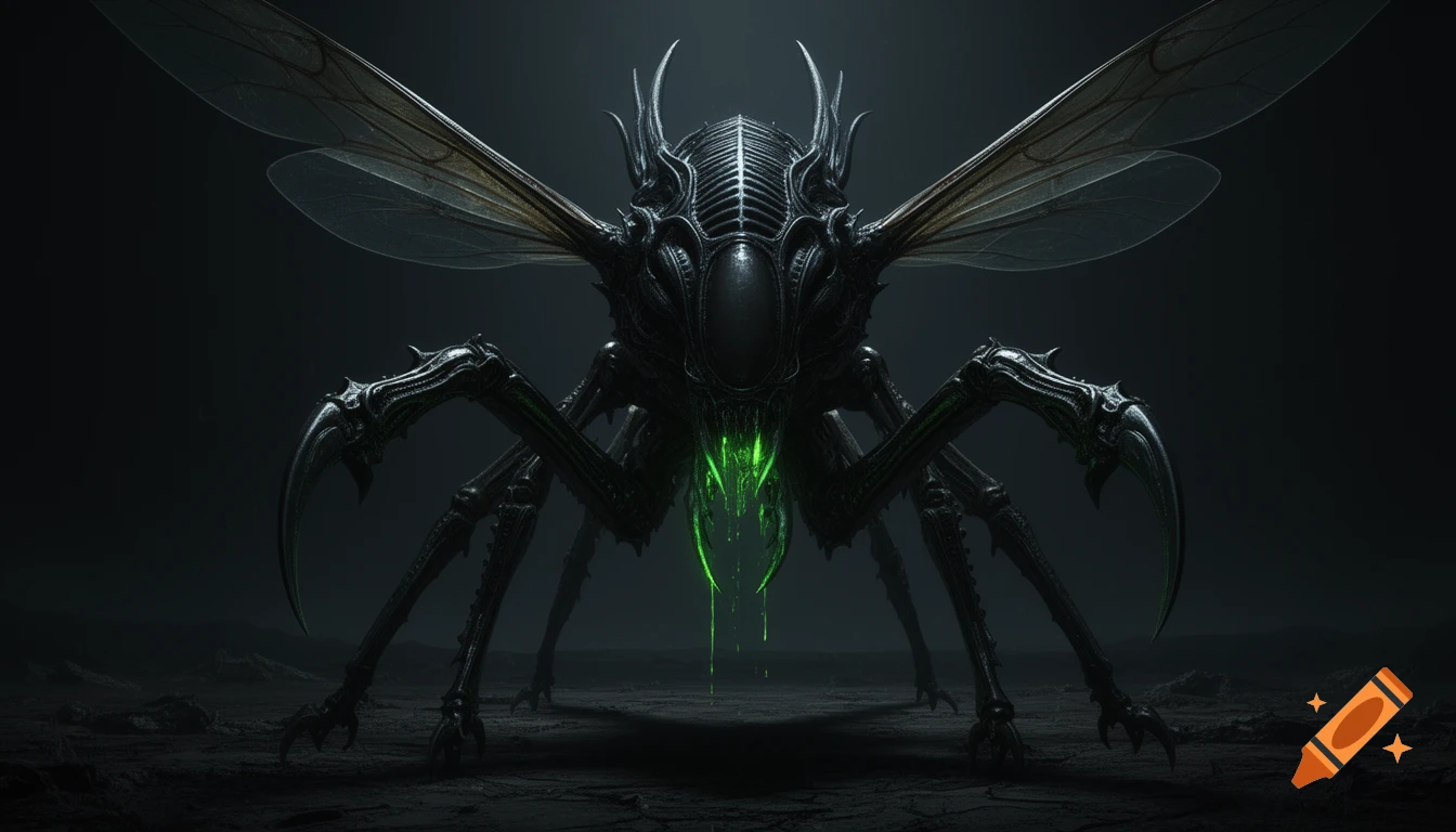 A terrifying, dark biomechanical insectoid creature with translucent wings, glowing green plasma drool, and sharp claws, in HR Giger style.