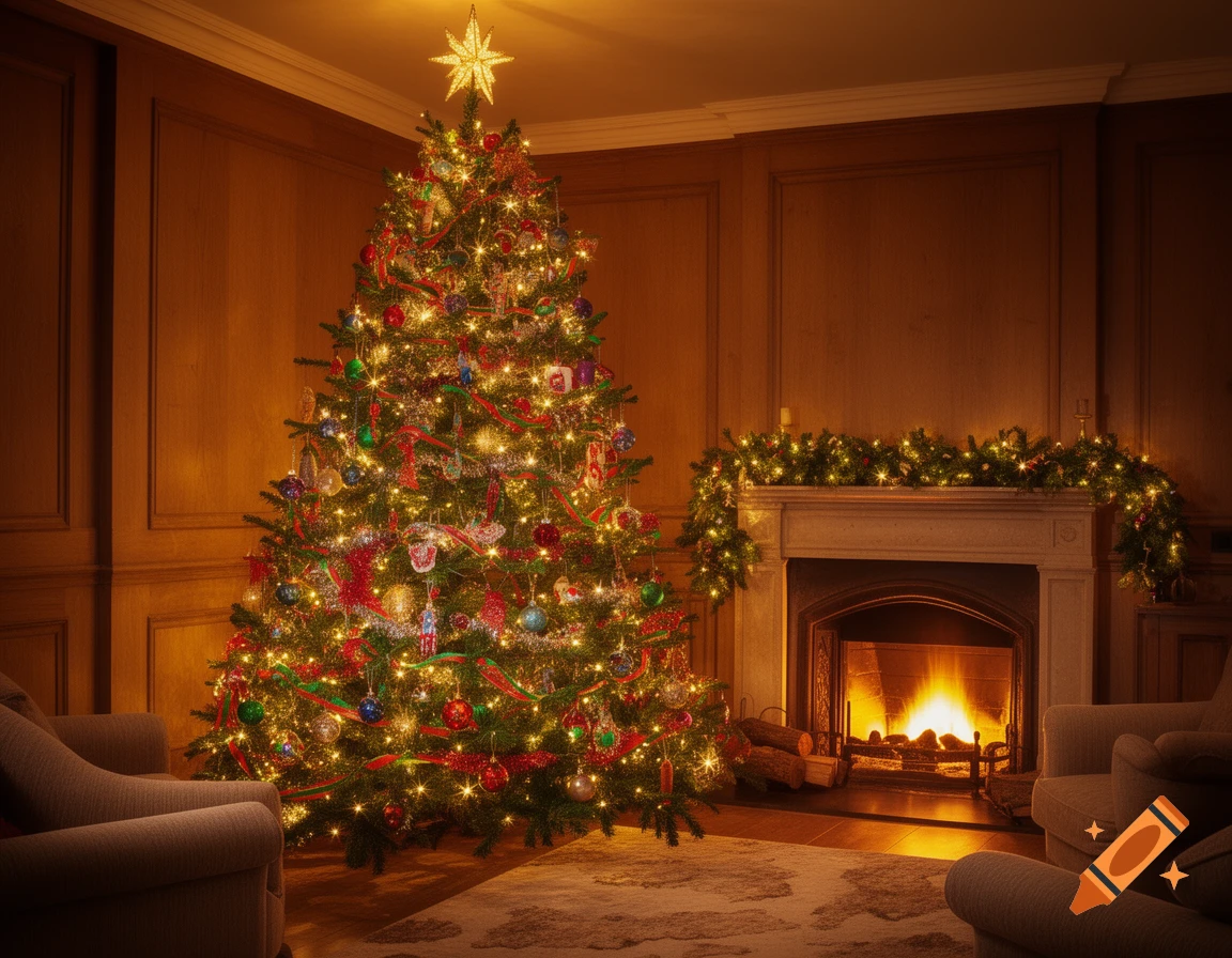 A brightly lit Christmas tree decorated with ornaments stands beside a cozy fireplace with a roaring fire in a wood-paneled room.