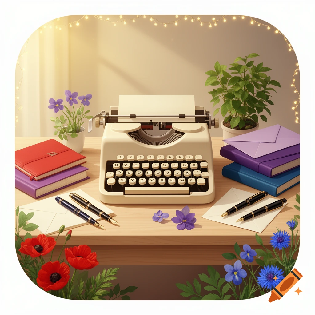 A cream-colored vintage typewriter on a light oak desk, surrounded by colorful notebooks, pens, envelopes, and flowers under warm fairy lights.