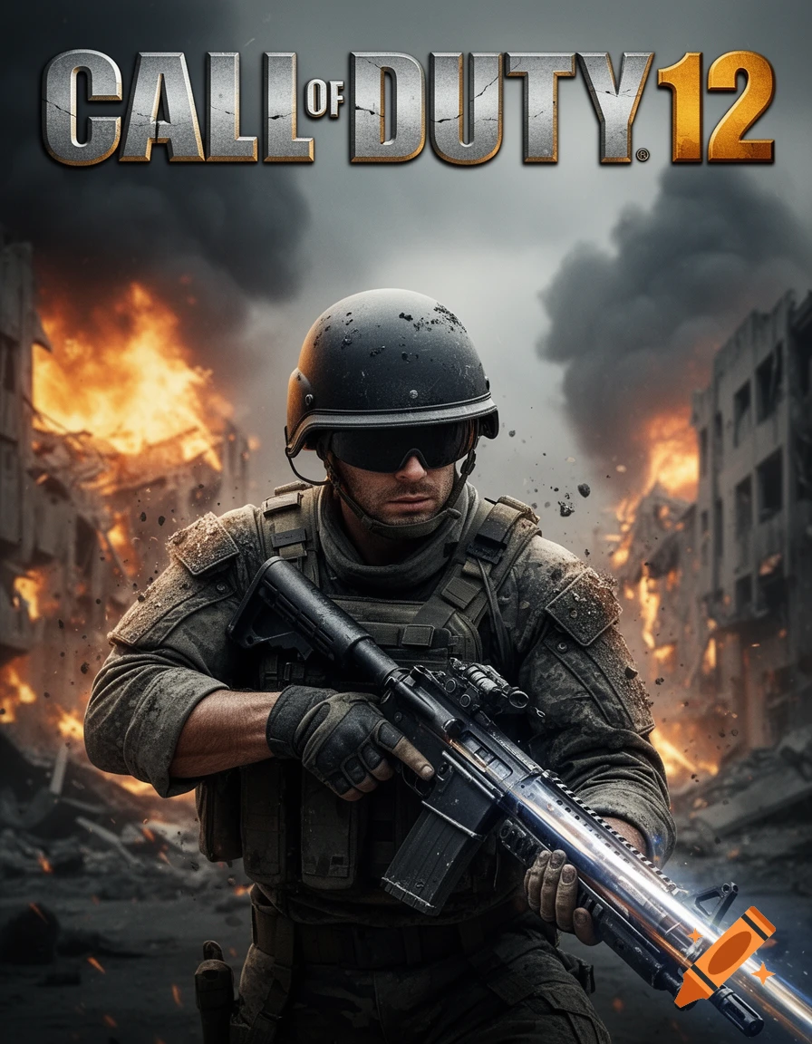 A soldier in combat gear holds a glowing rifle in a war-torn city under the title 'CALL OF DUTY 12' on a video game cover.