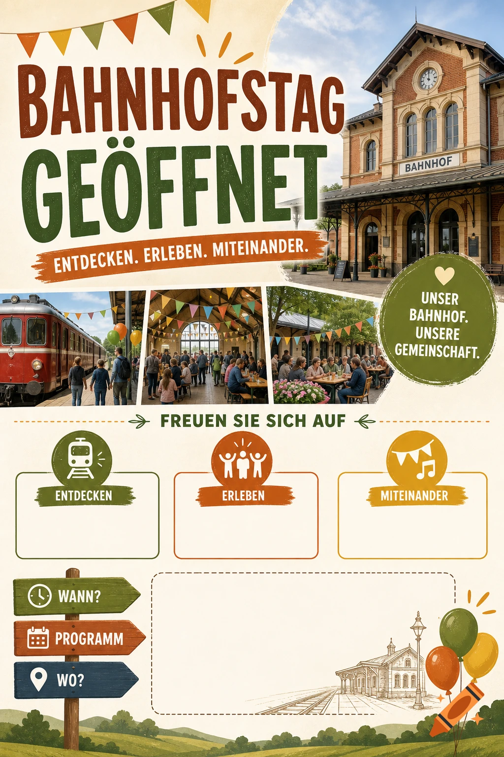 Vibrant German flyer for 'Bahnhofstag' (Train Station Day) with a historical train station, train, celebrating people, and event info.
