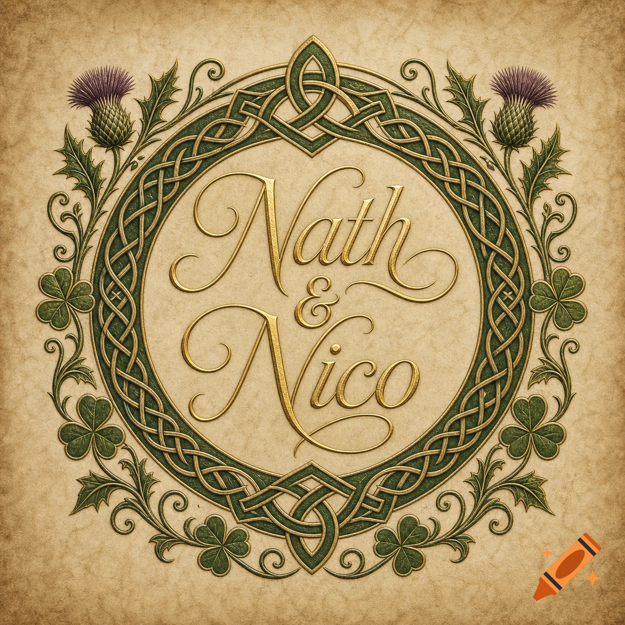 Celtic knotwork wedding logo with thistles and shamrocks, featuring the names 'Nath & Nico' in golden script on a parchment background.
