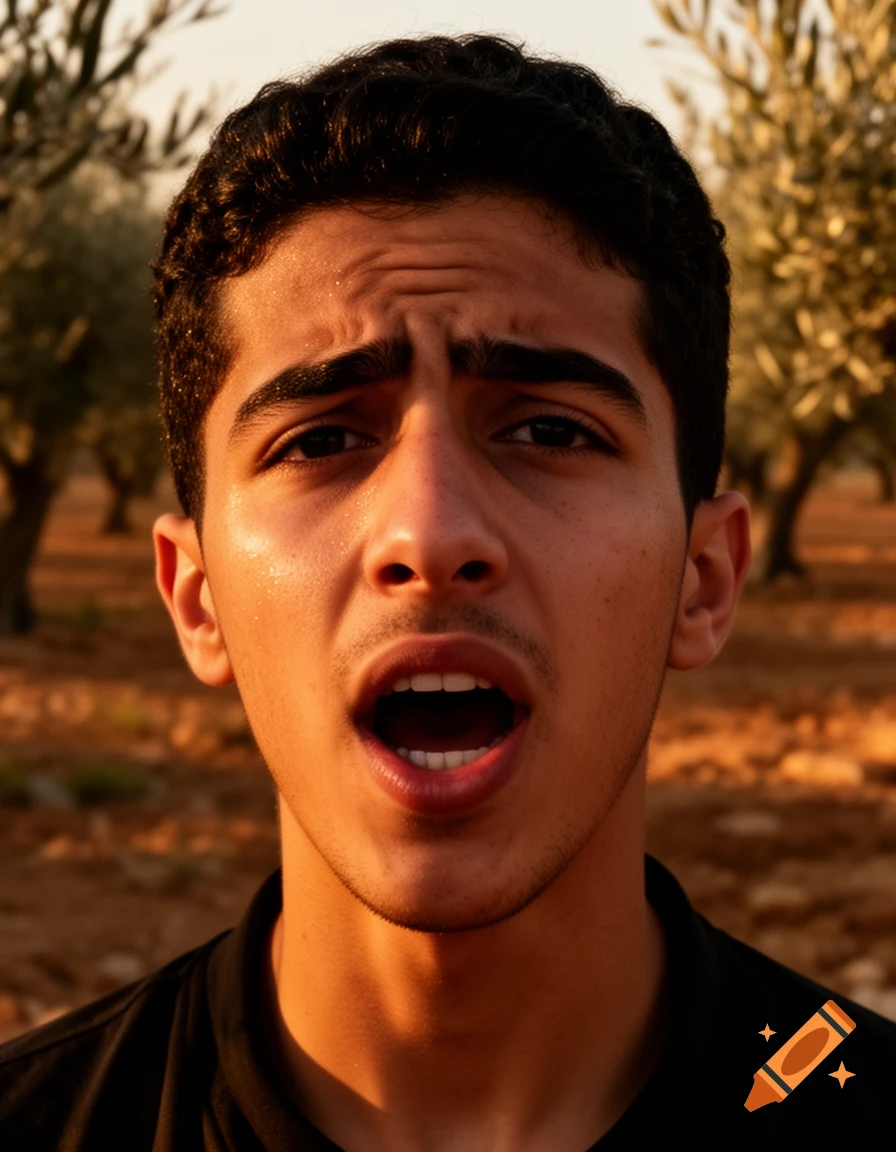 Close-up photorealistic portrait of a young man with an emotional expression, mouth open, sweat on his face, in a golden-hour olive grove.
