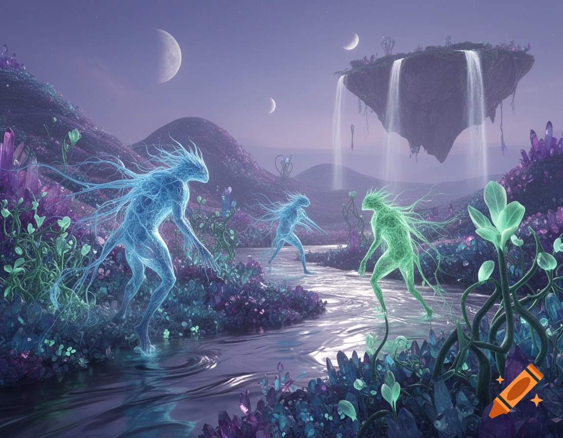 Three glowing, neuron-like creatures walk through a vibrant, crystal-filled otherworldly landscape with a river, moons, and a floating island with waterfalls.