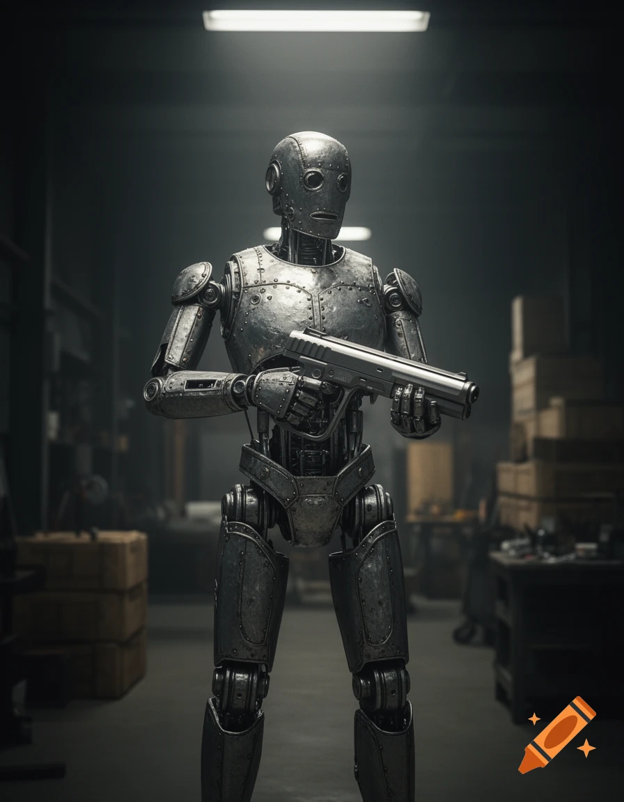 A retro-futuristic metallic robot with large dark eyes stands holding a gun in a dimly lit, gritty industrial warehouse.