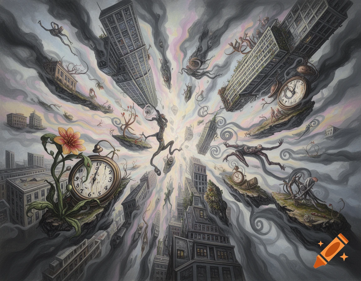 Surrealist painting of a chaotic city with floating buildings and islands, distorted figures, large clocks, and a blooming flower. Smoke and light emanate from a central point, creating a dreamlike, unsettling atmosphere.
