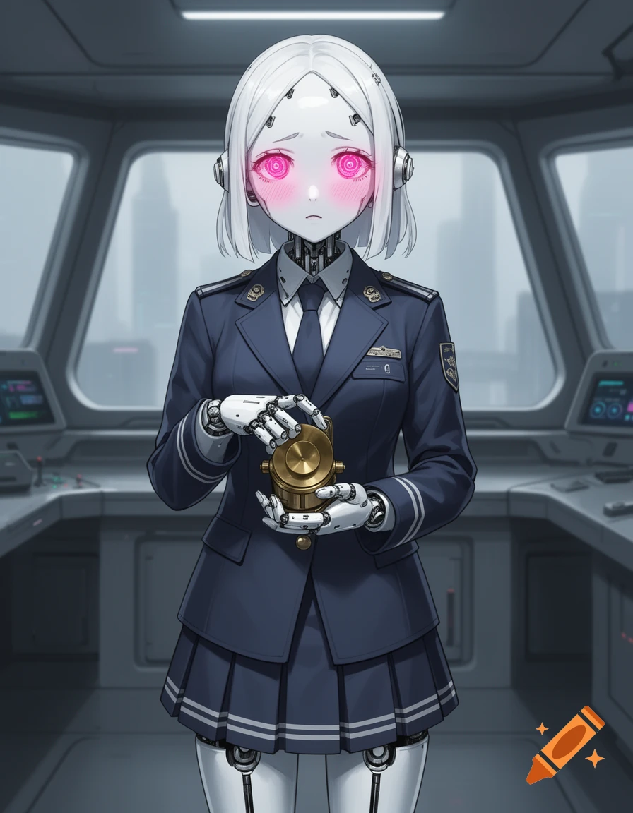 A shy white female android in a dark blue military uniform with glowing pink eyes and blush, holding a brass device in a sci-fi bridge, anime realism style.